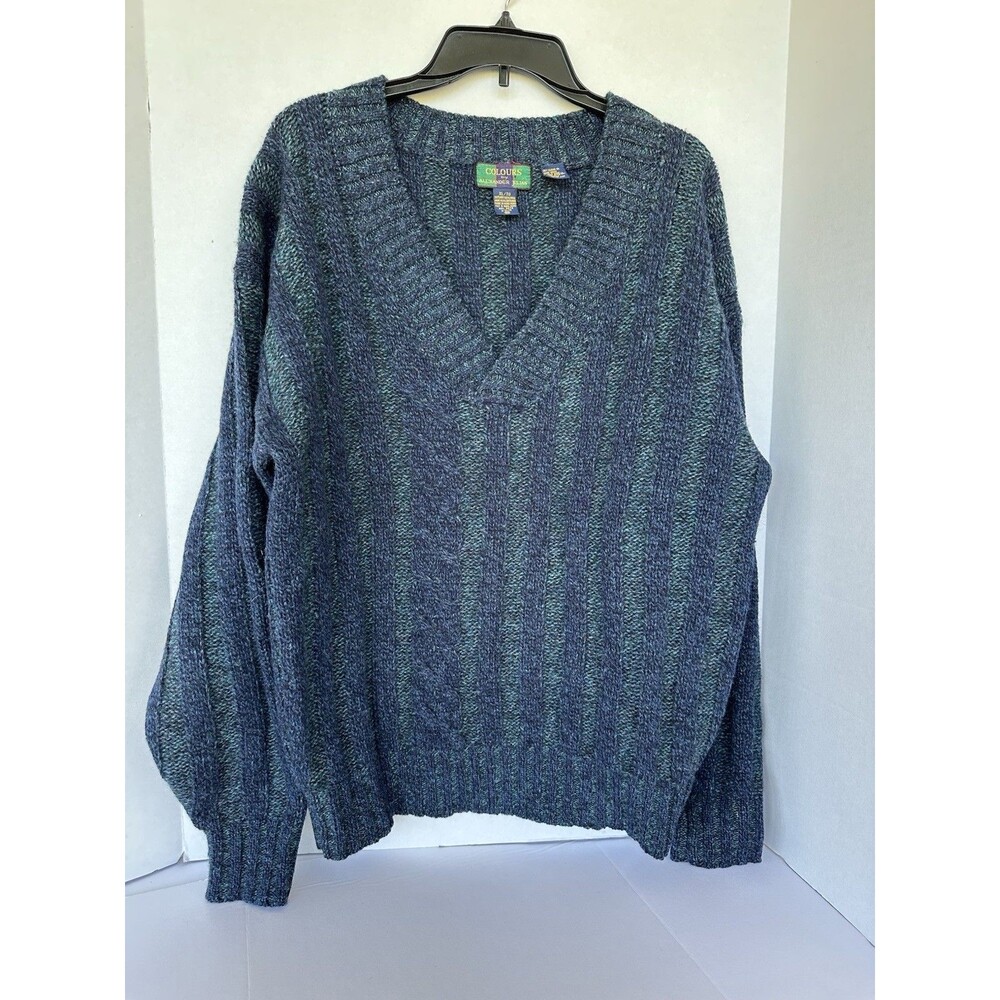 VTG Colours Alexander Julian Shetland Wool Sweater V-Neck Cable Blue Green XL